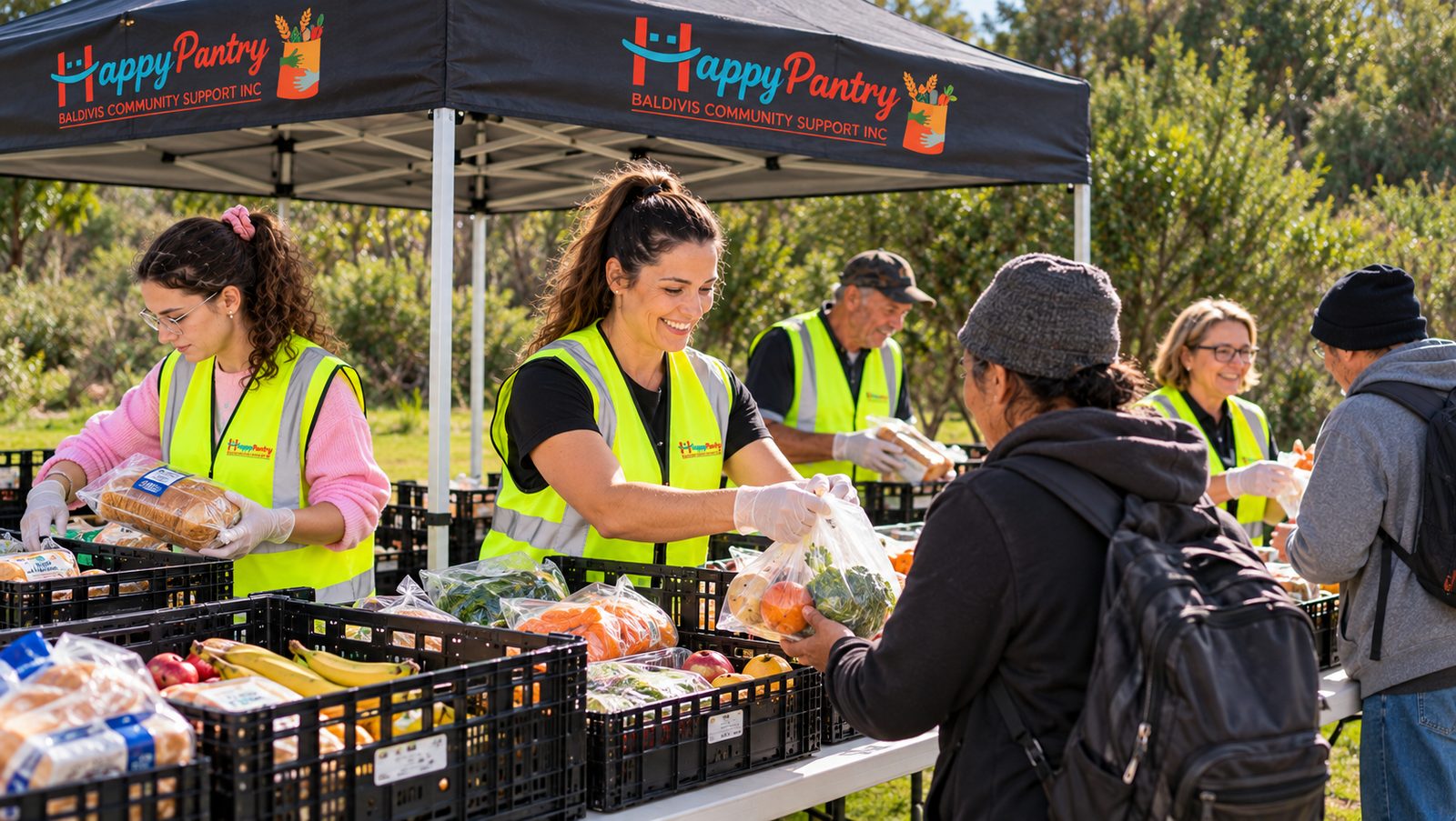 A smiling Happy Pantry volunteer handing a bag of food to a visitor under the Happy Pantry gazebo